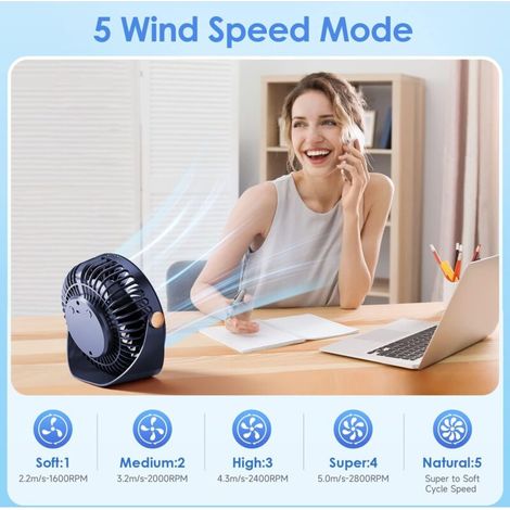 Ventilatore silenzioso, ventilatore USB a 5 velocità, mini ventilatore portatile ricaricabile, ventilatore da scrivania regolabile a 360°, piccolo ventilatore da scrivania per camera da letto, cucina, (1/4)