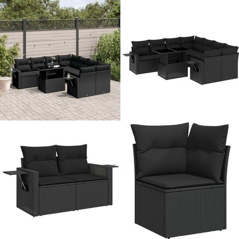 9-tlg. Garten-Sofagarnitur mit Kissen Schwarz Poly Rattan - Gartenmöbel Set - Esszimmergarnitur - Outdoor Möbel - Lounge Garnitur - Rattan Gartenmöbel - Home & Living (1/5)