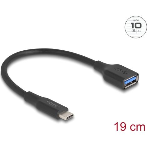 Delock Adaptador USB 10 Gbps USB Type-Câ¢ macho a hembra Tipo-A, 19 cm 60 W QC 3.0 negro