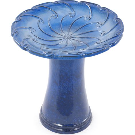 Bain d'oiseaux en céramique artisanale (Ø 43 cm, hauteur 45 cm), bleu roi brillant avec motif tourbillonnant en relief sur la vasque, résistant aux intempéries et au gel, pour jardin, terrasse et balc (1/4)