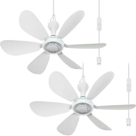 Lot de 2 ventilateurs de plafond USB à suspendre avec télécommande, minuterie, cordon d'extension de 2,1 m, 6 pales silencieuses, petit ventilateur de plafond USB CC pour camping (1/5)