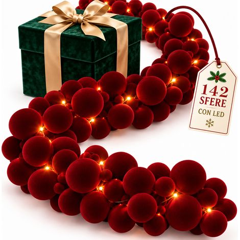 Ghirlanda Natalizia Festone 180cm 142 Sfere e Led Decorazione Velluto Bordeaux (1/5)