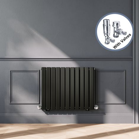 ELEGANT Black Designer Horizontal Radiator Double Panel Rads 600 x 748mm with Chrome Angled Thermostatic Radiator Valves (1/5)