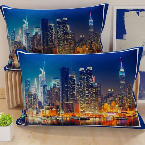 Lot de 2 Taies d'Oreillers 80x40 cm 100% Microfibre Hypoallergénique, Housse Oreiller Rectangulaire City Bleu, Paquet de 2