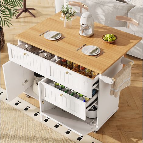 MEUBLIV îlot de cuisine 133x37,3x88 cm blanc – rangement modulable à roulettes