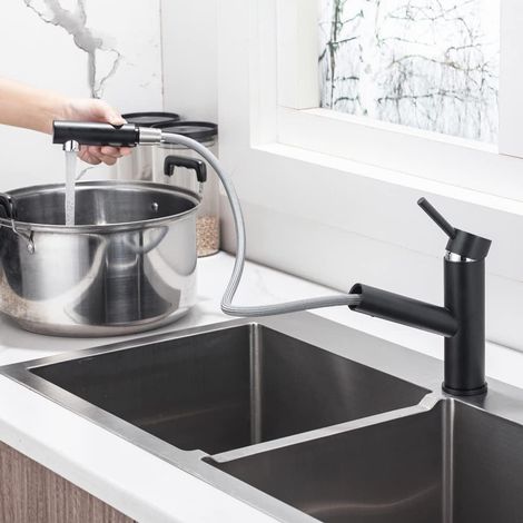Mitigeur noir extractible – Pivotant 150°, aérateur amovible – Inox brossé, eau chaude/froide pour évier (1/5)