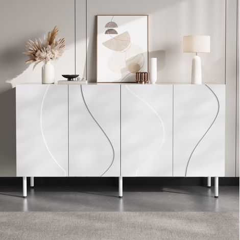 Aparador blanco con puertas curvas 3D sin tiradores, 140 x 40 x 77,5 cm, PB y MDF (1/5)