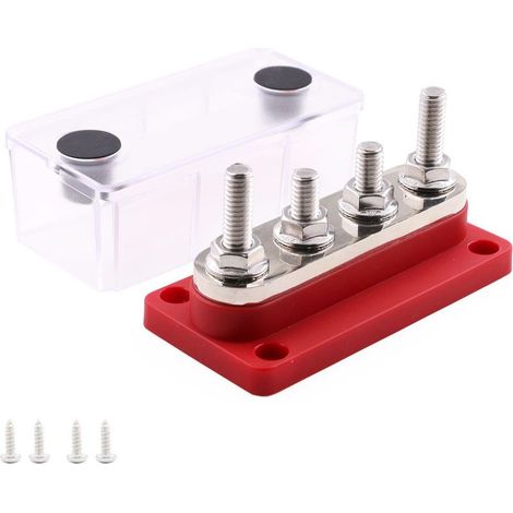 Barra di distribuzione con morsettiera M8, 12V 300A, realizzata in rame, 12 Volt-48V CC, robusta barra di distribuzione con 4 terminali M8, blocco di distribuzione di energia con messa a terra e coper (1/5)