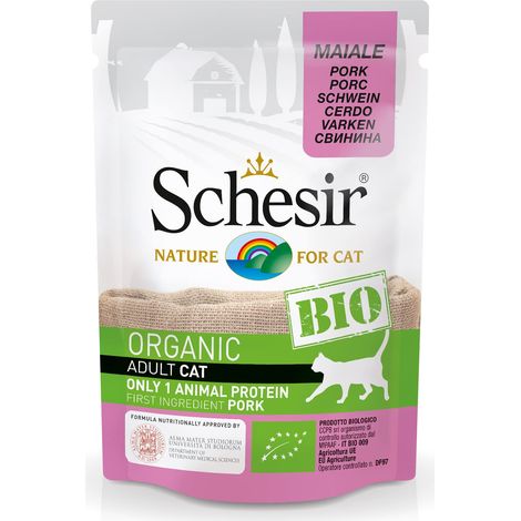 Schesir BIO, Alimento Completo Umido per Gatti adulti, Patè selezionato di Maiale senza Cereali - 16 bustine dal 85g (1,36kg totale) (1/3)