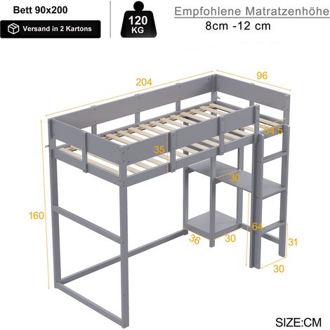 Hochbett mit Ablage 90 x 200 cm, Bettgestell aus massivem Kiefernholz mit Lattenrost,Bett für Kinder und Jugendliche Grau (1/5)