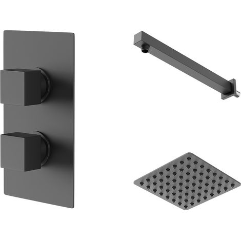 Colore Square Matt Black Concealed Twin Thermostatic Shower Valve with Square Fixed Head and Wall Arm - 1 Outlet (1/5)