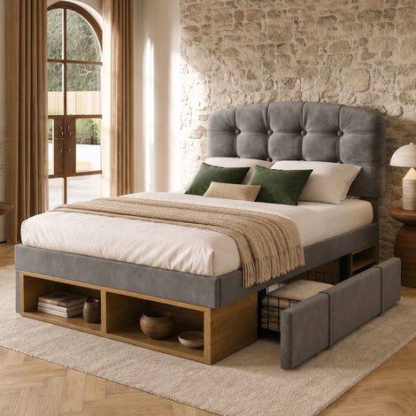 Lit enfant 90x200 cm velours gris avec tiroirs, rangement et tête réglable (1/5)