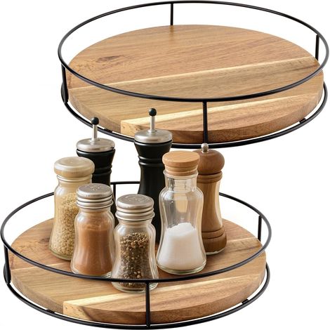 Lot de 2 Porte epices Cuisine rotatifs, Tourniquet a epices, Plateau tournant en Bois de 25 cm, Rotatif à 360°, pour Cuisine, étagère à épices, Armoire, Garde-Manger, réfrigérateu (1/5)