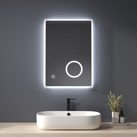 Heilmetz Backlit Illuminated Bathroom Mirror with Shaver Socket 500×700mm, Wall Mounted Multifunction LED Bathroom Vanity Mirror with Touch Switch + Demister + 3-Fold Magnification (1/4)