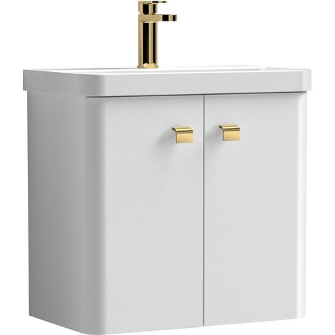 Balterley Flashbrook Modern Bathroom Wall Hung 2 Door Vanity Unit Basin, Gloss White/Brushed Brass, 579mm
