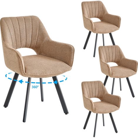 Wokaka - Set di 4 sedie girevoli a 360°, Sedia da pranzo moderna in lino, Imbottita con schienale traforato, Marrone chiaro