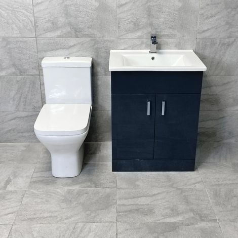 Tess Anthracite Square Vanity Unit Ceramic Basin and Short Projection Toilet Set, 650mm Unit-No Tap (1/5)
