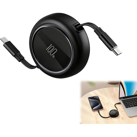 Câble USB-C 1m rétractable - 100W, PD 5A, Charge rapide QC 4.0, 4 niveaux de longueur réglable, Design compact et léger, Compatible avec iPhone 15/16/17, Galaxy