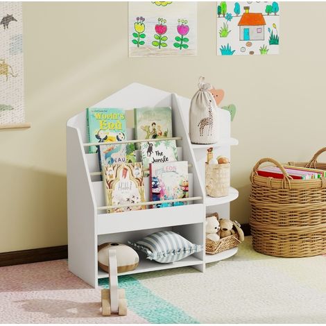 Libreria bambini a 7 livelli per libri e giocattoli, bordi arrotondati, legno FSC, bianca OKMYHOME (1/5)