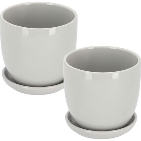 KOTARBAU Lot de 2 pots de fleurs en céramique avec bac d'égouttement Gris 20 cm (1/5)
