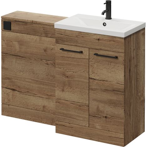 Napoli 390 Cento Tobacco Oak 1200mm 2 Door Vanity Unit Toilet Suite with Glide Basin - 1200mm - Matt Black 160mm HandleWithout Kingston Toilet Pan