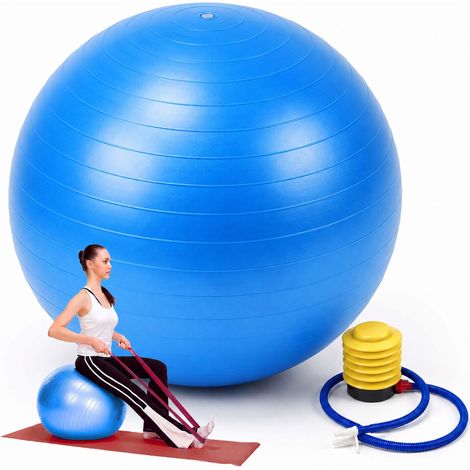 Relaxdays Ballon de gym 75 cm, pompe incluse, anti-éclatement, 150 kg, PVC, fitness/yoga/Pilates, bleu