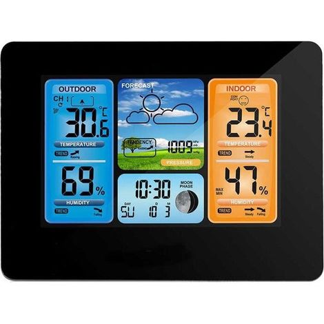 Jalleria Wireless Weather Station, Digital Color Weather Station with Alarm and Temperature/Humidity/Barometer/Alarm Clock/Moon Clock/Weather with External Sensor (Black) (1/4)