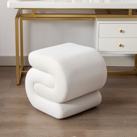 Velvet Ottoman Fabric S-shape Stool Wavy Pouf Ivory White (1/5)