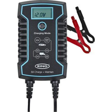 Chargeur de batterie moto intelligent 12V – Maintien de charge 8A – Écran LCD rétroéclairé – Connecteurs rapides pour usage pro – Ring