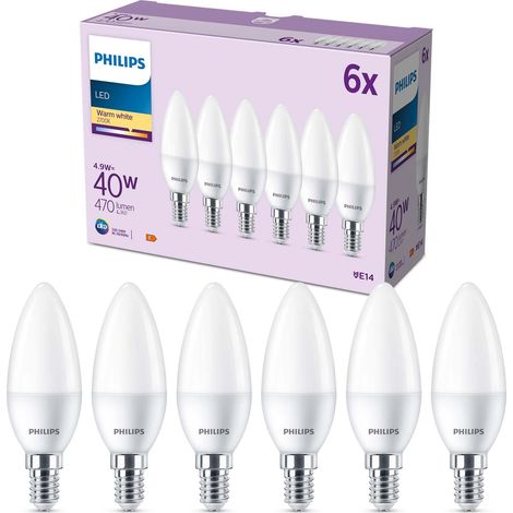 Philips LED E14 Candela, confezione da 6 lampadine, equivalente a 40 W, lampadine LED smerigliate, Plastica, Luce Bianca Calda 2700K, LED a risparmio energetico con lunga durata (1/4)