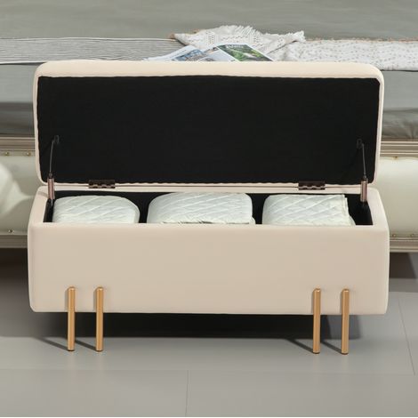 Banc de rangement avec coffre, revêtement effet velours, 100 x 40 x 42 cm, beige DESVIAE (1/4)
