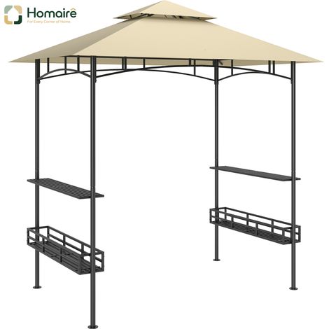 HOMAIRE Grillpavillon Beige 240x150x257 cm wasserdicht flammhemmend mit Doppeldach, Seitenregalen und UV-Schutz für Garten Party BBQ