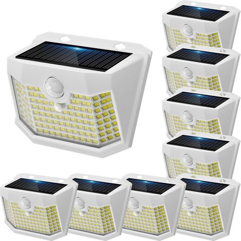 Lampe Solaire Extérieur Jardin Murale, Lot de 9, 120 LEDs, IP65  Détecteur de Mouvement 8m, Forme Angulaire, Batterie Lithium, Coque Blanche, Lumière Froide (1/5)
