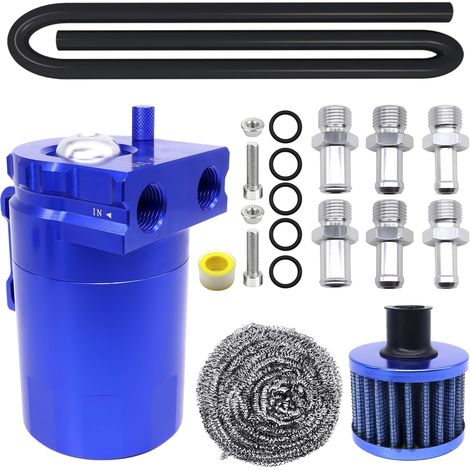 Car Oil Catch Tank Can,Récupérateur huile moteur,Aluminium Oil Storage Tank with Air Filter Spare Hose Accessories 350ml Tank (bleu) (1/5)
