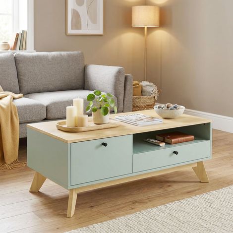 Mesa de centro para salón, mesa auxiliar rectangular con cajón, puerta y compartimento abierto, verde claro y roble.