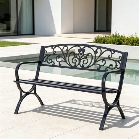 Banc de jardin en métal noir avec dossier ornemental pour extérieur OKWISH (1/5)