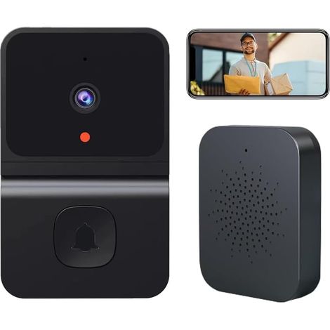 Timbre Inalámbrico con Cámara, Videoportero WiFi Ring Doorbell WiFi 480P Almacenamiento en Nube Timbre Inteligente con Visión Nocturna, Audio Bidireccional (Negro) (1/4)