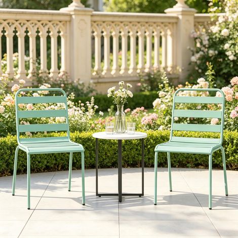 Ensemble de 2 chaises de jardin empilables en métal, vertes, pour balcon, terrasse et balcon. Résistantes aux intempéries. (1/5)