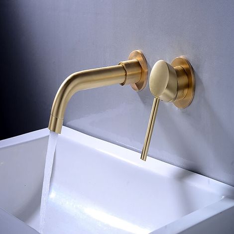Brass bathroom sink faucet. Wall mounted. Brushed gold. (1/5)
