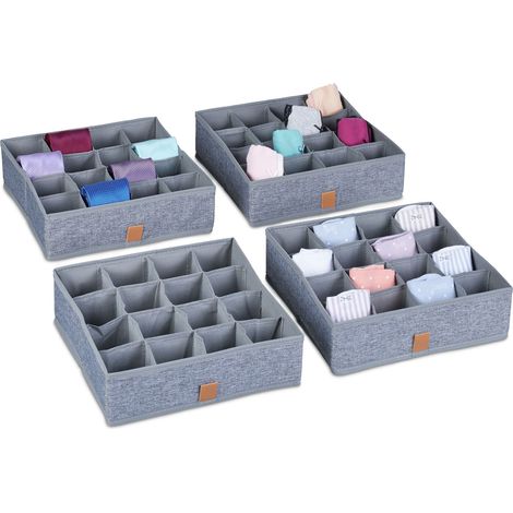 Set di 4 organizer per biancheria intima ergonomici 16 scomparti 30 x 30 x 10 cm in tessuto grigio 130014506