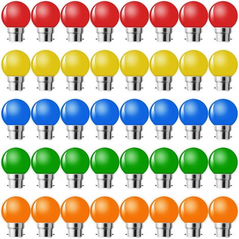 Lot de 40 Ampoule LED Couleur B22 Baïonnette,Ampoule Guirlande Exterieure,Ampoules B22 LED 1W G45,Multi Colore,Équivalent 5W,Rouge Jaune Bleu Vert Orange,Pour Chaîne,Noël,Veilleuses De Fête (1/5)