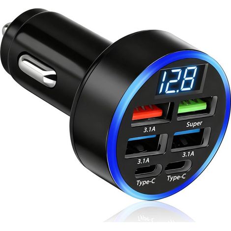 50W USB-Autoladegerät mit Zigarettenanzünder, 12V-24V Zigarettenanzünderbuchse mit LED-Anzeige, 2 USB-C-Anschlüsse und 4 USB-A-Anschlüsse, für iPhone 16 15 14 13 12 11 Pro Max Mini Plus. (1/5)