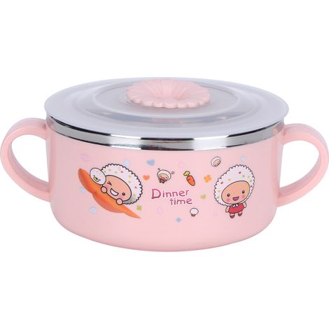 Assiette bébé enfant dessin animé 304 acier inoxydable bol riz avec couvercle vaisselle rose (1/5)
