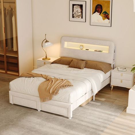 Letto Doppio 160x200 - Cassetti di Stoccaggio - LED Integrata - Velluto Bianco - Struttura Metallica 300kg