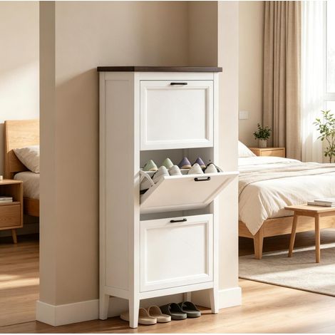 Zapatero blanco de 60x26,5x133,7 cm con 3 puertas abatibles y estantes ajustables (1/4)