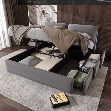 Lit capitonné, 180x200cm, sommier hydraulique, trois tiroirs, coffre de rangement, sommier à lattes avec tête de lit, sans matelas, velours, gris, garantie 2 ans