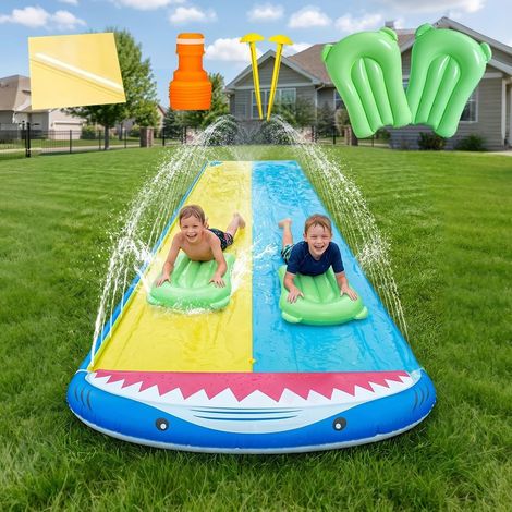 Toboggan aquatique de jardin pour enfants, 480 x 140 cm, double toboggan avec arroseur intégré, double toboggan aquatique avec 2 planches de glisse, toboggan aquatique pour pelouse, convient aux enfan (1/5)