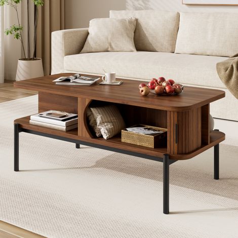 Mesa de centro rectangular 100x45x43 cm con almacenamiento, puertas correderas estriadas, MDF nogal, metal negro (1/5)