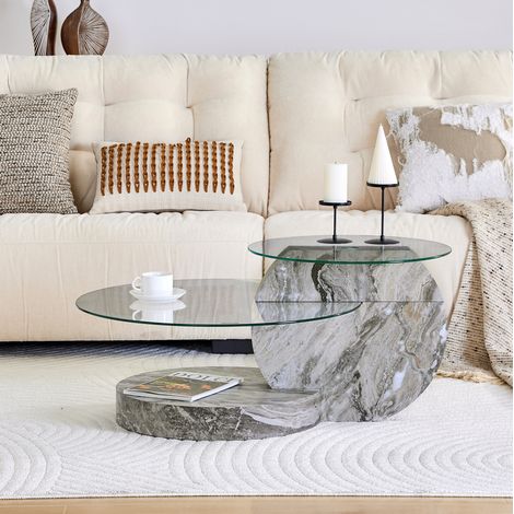 Table basse ronde 2 niveaux en verre sécurisé, MDF effet marbre gris, 90x70x44 cm REDOM (1/5)