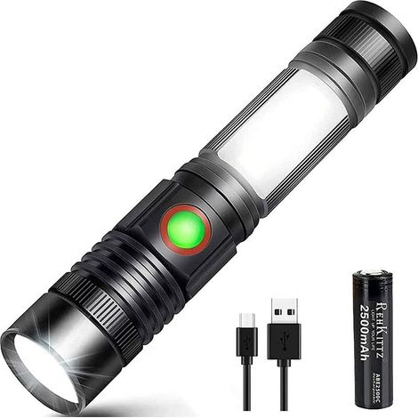 [JAMAIS UTILISÉ]Torche LED Torche USB Rechargeable Puissante Militaire COB Lumière Portable Zoomable Torche pour Auto Garage Atelier Camping DIY (comprend une batterie rechargeable 18650 et un fond ma (1/5)